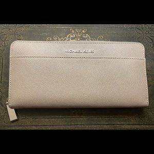 MK Gray saffiano leather zip around wallet, NWOT!